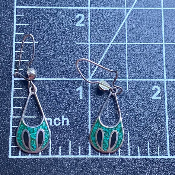 Taxco Mexico Sterling Silver Teardrop Earrings Crushed Stone Inlay TC97 LOOK - Picture 4 of 12